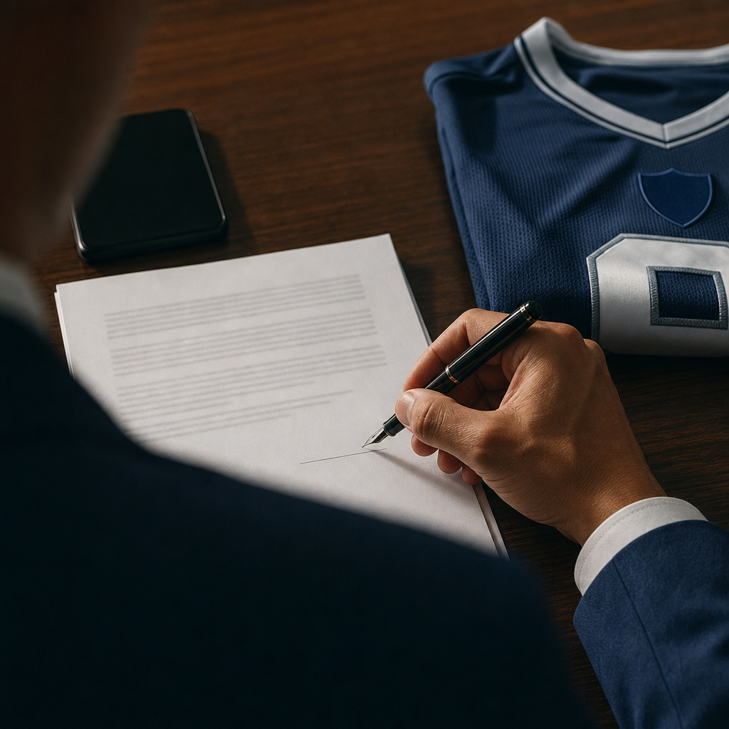 A student athlete signing an NIL endorsement deal with a financial advisor