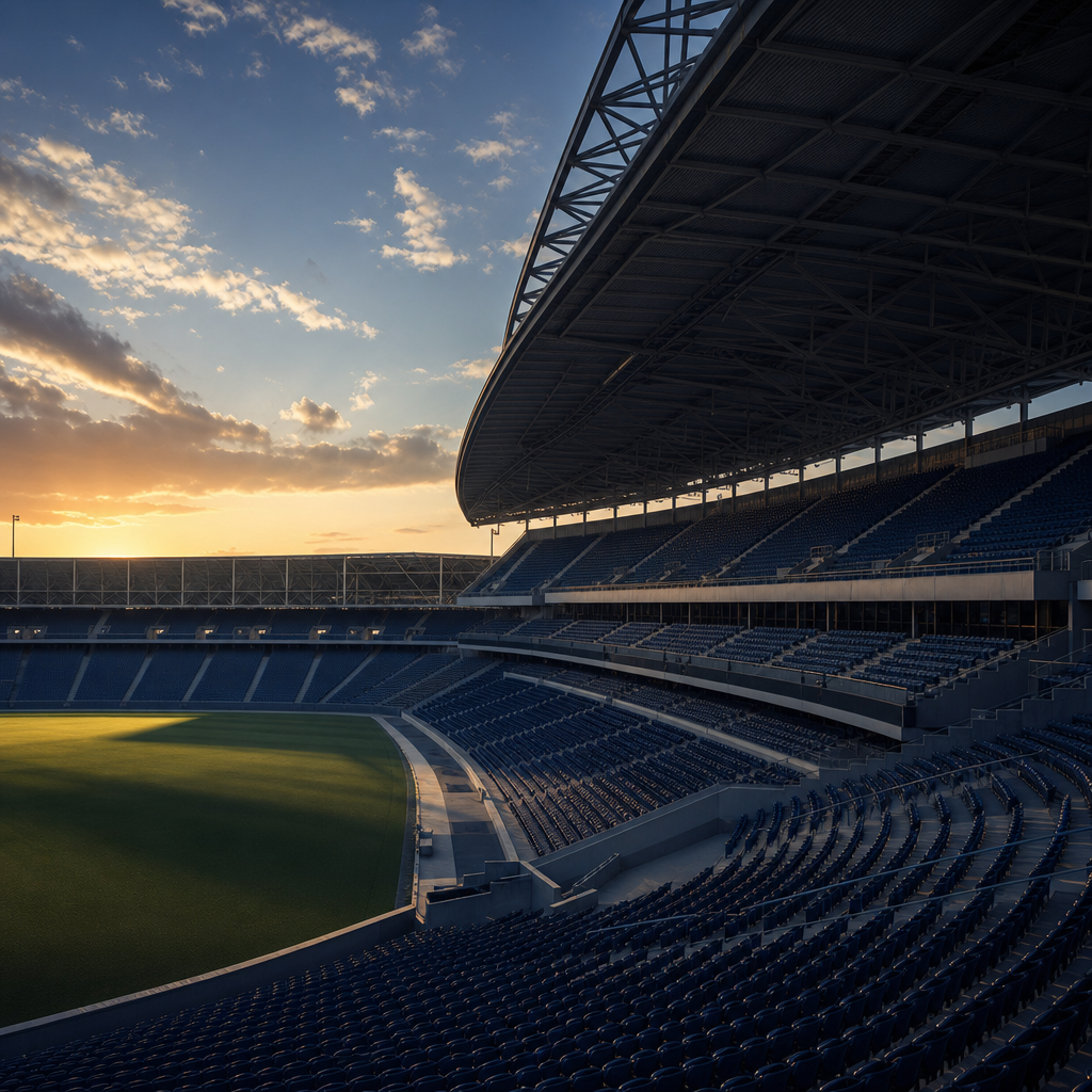 Modern stadium at golden hour